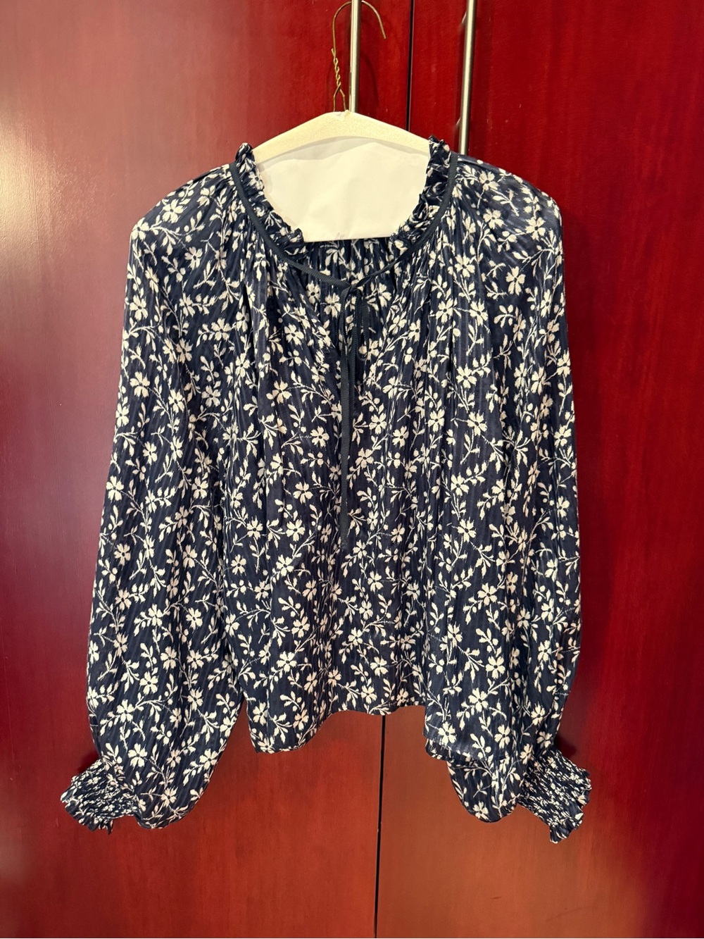 Ulla Johnson Navy and White Floral Tie-Neck Blouse